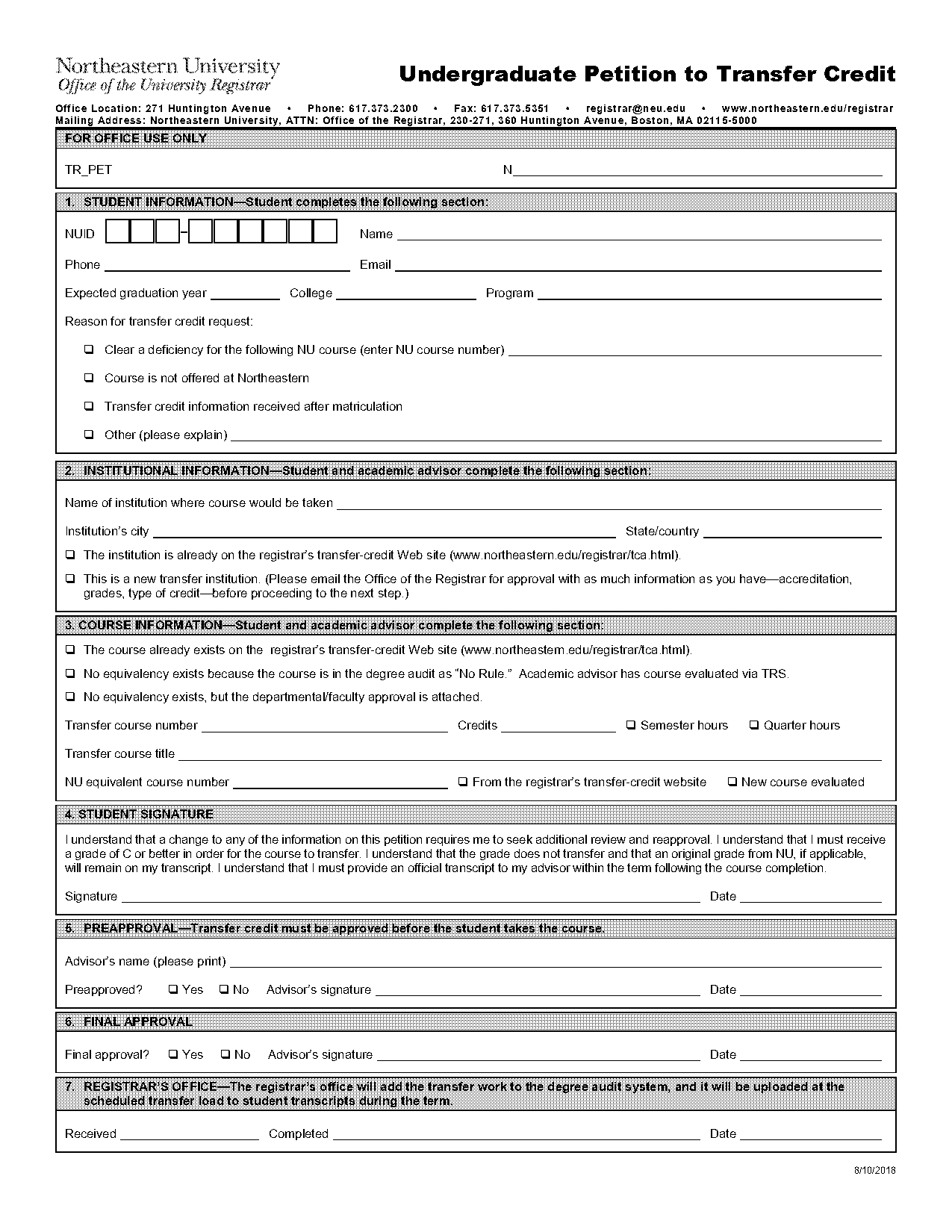 northeastern university academic advisor approval form